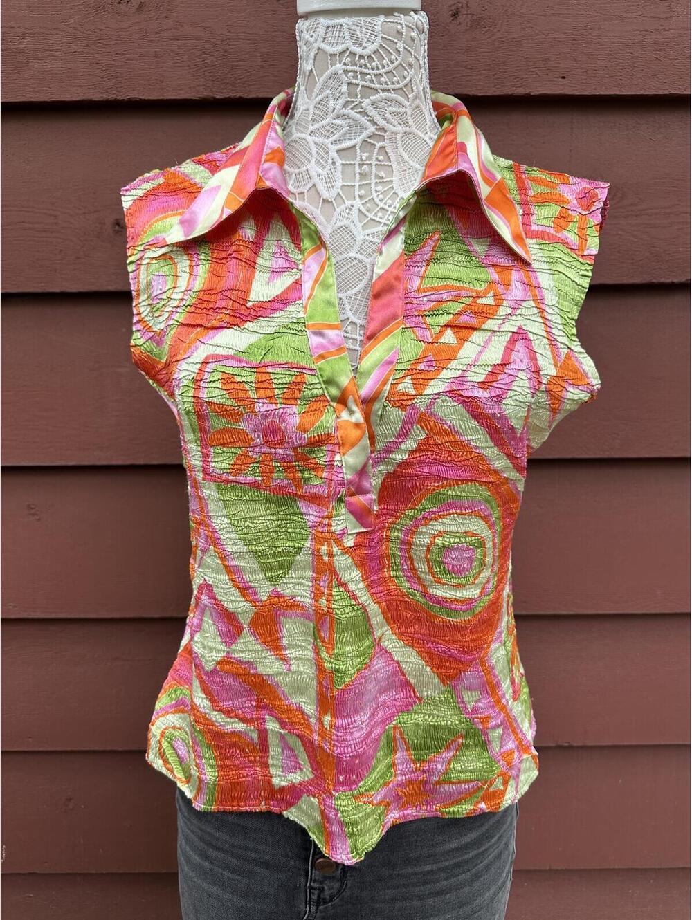 Vintage Y2K Sleeveless Collared Top Bright Orange Pink Green Geometric Print